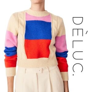 Deluc Colorblock Cable-Knit Sweater in Cream, Pink, Blue, Red